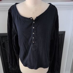 Free People 100% Cotton Dark Blue Button-Down Women's Top Size XS